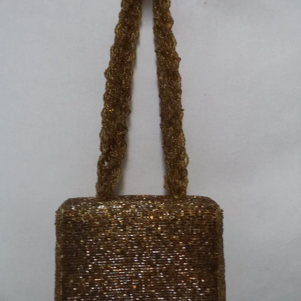 Vintage gold Beaded Box handbag purse small Beaded strap w/ Mirror Occasion